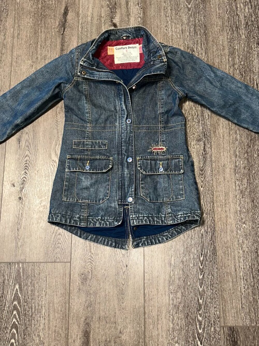 Comfort Denim Womens Distressed Jean Jacket Patches Pockets Size S Small Blue